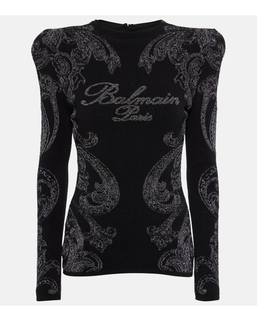 Balmain Black Logo Paisley Cotton-blend Jersey Top