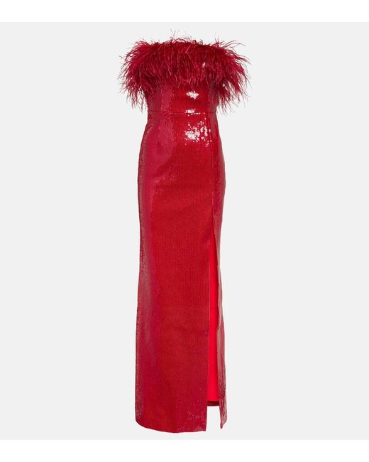 Rebecca Vallance Red Nika Sequined Feather-Trimmed Gown