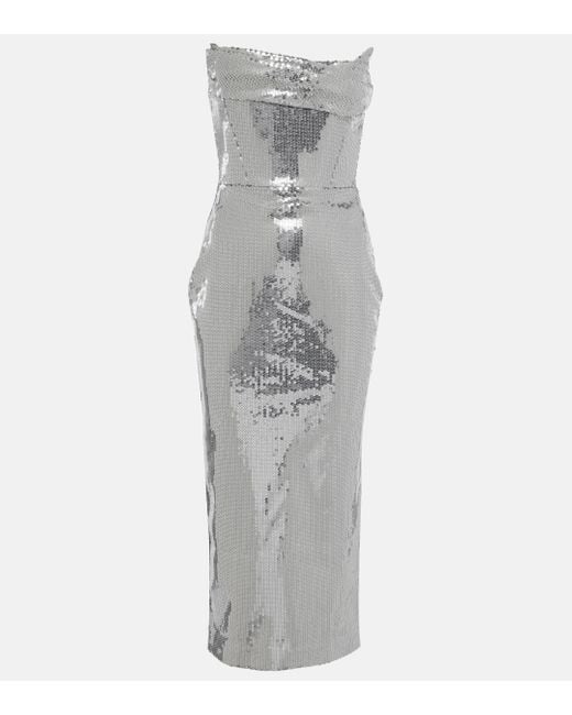 Alex Perry Gray Strapless Draped Sequined Tulle Midi Dress