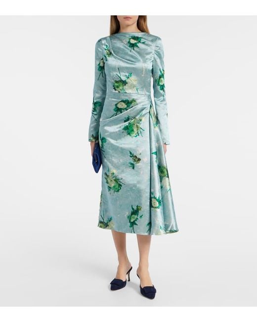 Erdem Green Draped Floral Satin Midi Dress