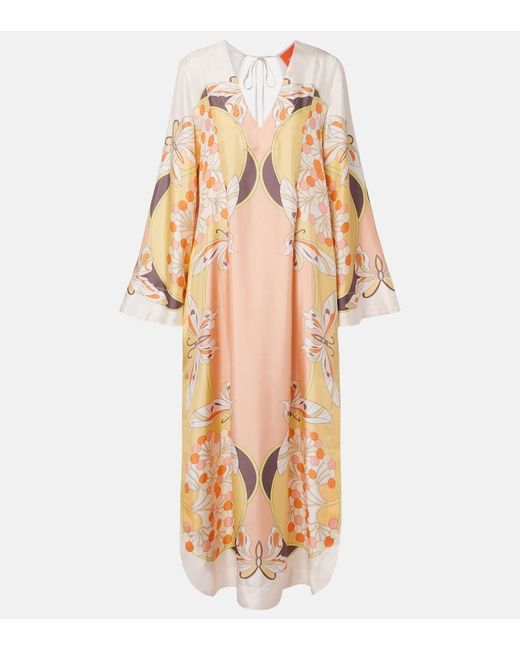 LaDoubleJ Metallic Twin Flame Printed Silk Twill Maxi Dress