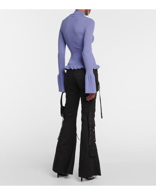 Blumarine Blue Ruffle-Trimmed Ribbed-Knit Wool Sweater