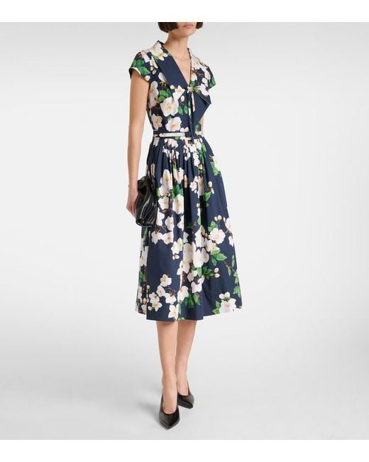 Oscar de la Renta Blue Floral Pleated Cotton-Blend Midi Dress
