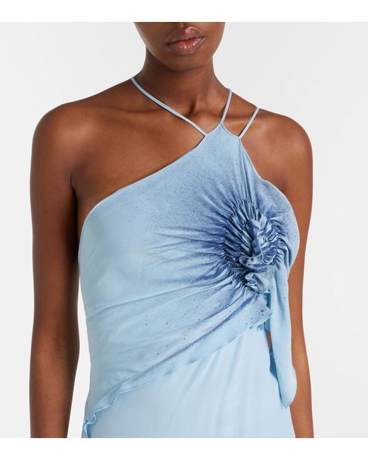 Victoria Beckham Blue Asymmetric Smocked Silk Cocktail Dress