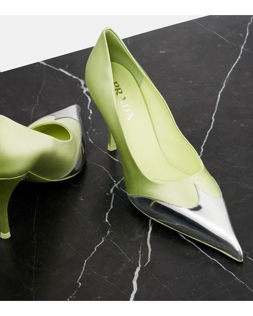 Prada Green 85 Satin And Metallic Leather Pumps
