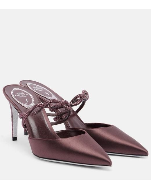 Rene Caovilla Purple Crystal-Embellished Satin Mules