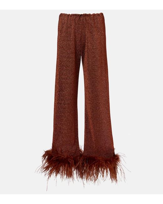Oseree Red Lumiere Plumage Feather-Trimmed Straight Pants