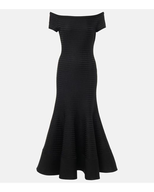Carolina Herrera Black Off-Shoulder Striped Maxi Dress