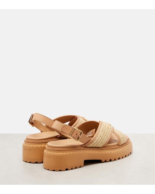 Prada Brown Leather-Raffia Crossover Platform Sandals 55