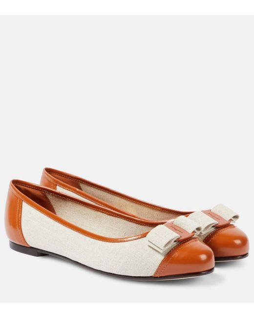 Ferragamo Brown Vara Canvas And Leather Ballet Flats