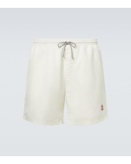 Brunello Cucinelli White Logo Swim Trunks for men