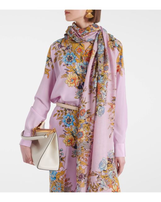 Etro Multicolor Floral Cashmere, Silk And Wool Scarf