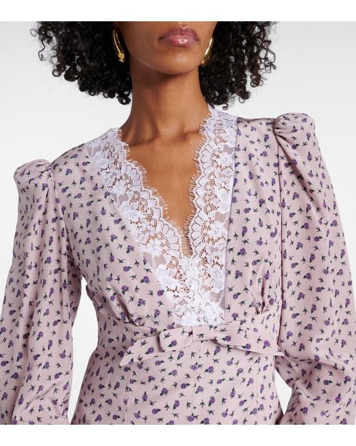 Alessandra Rich Purple Floral Lace-Trimmed Silk Midi Dress