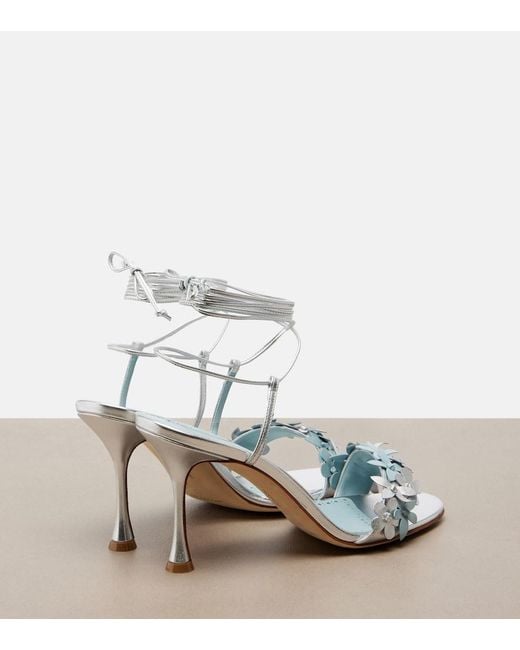 Manolo Blahnik Blue Anista Floral-Applique Leather Sandals