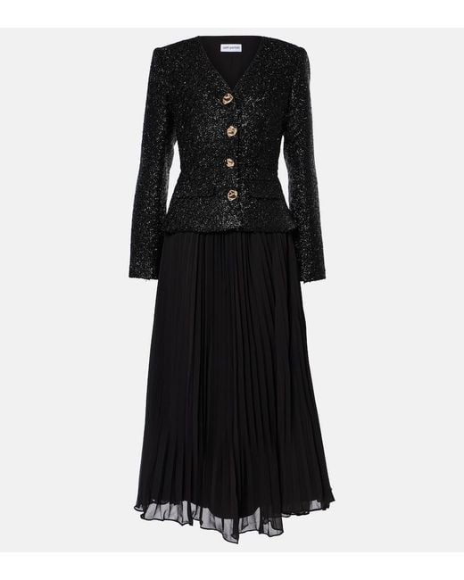 Self-Portrait Black Boucle Chiffon Midi Dress