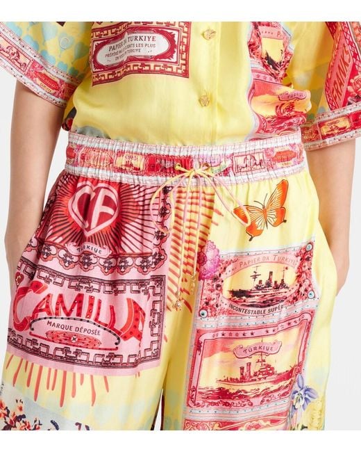 Camilla Red Printed Silk Wide-Leg Pants