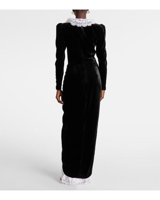 Alessandra Rich Black Lace-Trimmed Velvet Maxi Dress