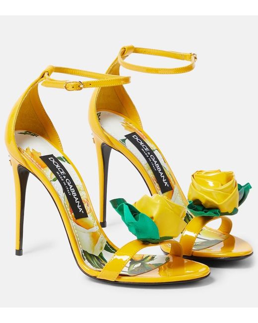 Dolce & Gabbana Yellow Keira Floral-Applique Patent Leather Sandals