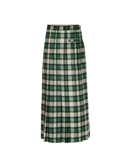 Gucci Green Tartan GG Wool Maxi Skirt