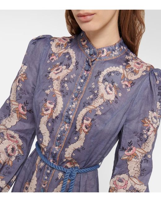 Zimmermann Purple Vitali Abstract-print Mandarin-collar Linen Maxi Dress