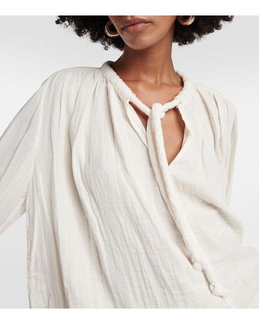 Velvet White Tie-Neck Cotton Blouse Top