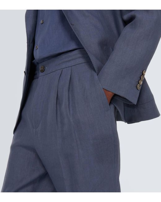 Brunello Cucinelli Blue Linen Straight Pants for men