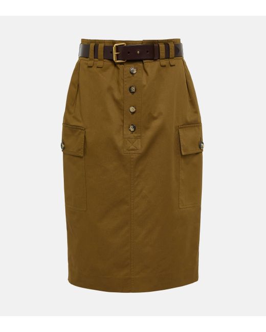 Saint Laurent Green Cotton And Linen Twill Pencil Skirt