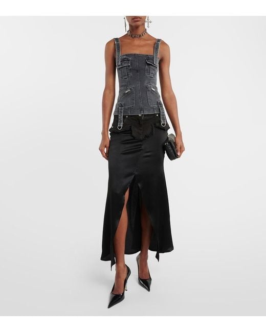 Blumarine Black Denim-Trimmed Satin Maxi Skirt