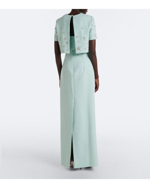 Oscar de la Renta Green Crystal-Embellished Wool-Blend Gown