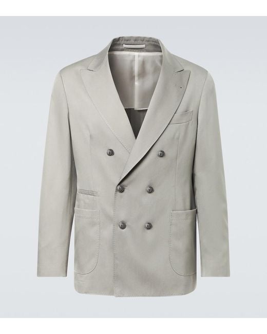 Brunello Cucinelli Gray Double-Breasted Silk Suit Jacket for men