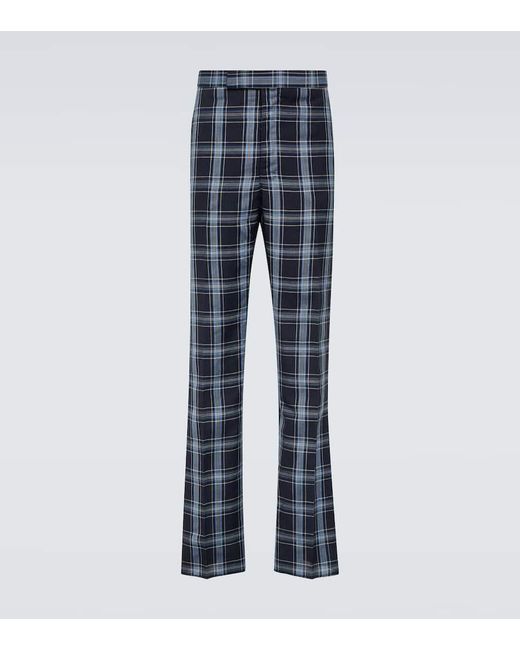 Thom Browne Blue Checked Wool And Linen Pants for men