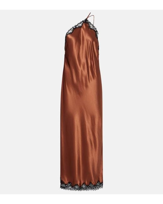 Rixo Brown Harlan Lace-Trimmed Satin Midi Dress