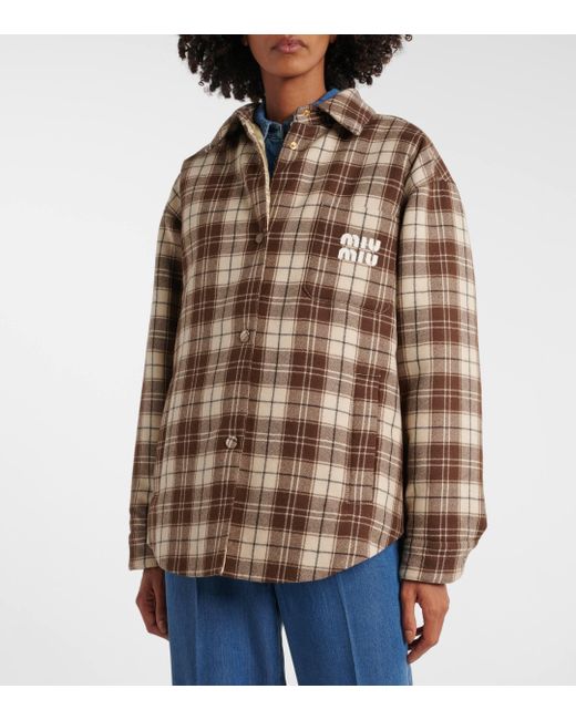 Miu Miu Brown Logo Checked Wool Down Jacket