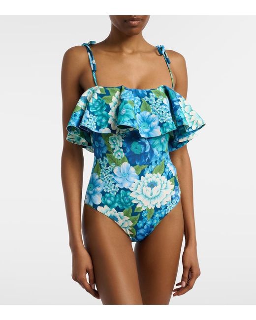 ALÉMAIS Blue Margo Floral Ruffled Swimsuit