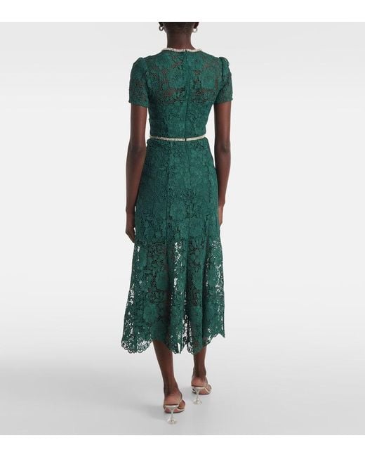 Self-Portrait Green Bow-Detail Embellished Lace Midi Dress
