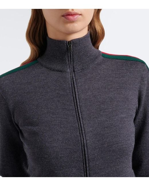 Gucci Blue Web Stripe Wool Zip-Up Cardigan