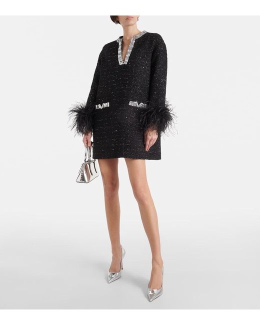 Valentino Black Feather-trimmed Tweed Minidress
