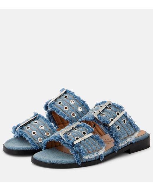 Ganni Blue Fringed Denim Sandals