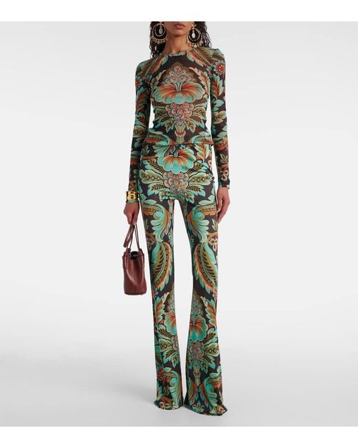 Etro Green Printed Crepe Jersey Flared Pants