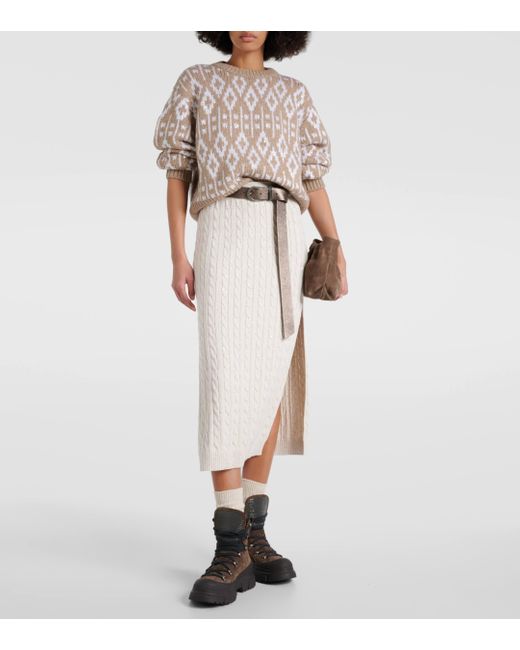 Brunello Cucinelli White Knit Cotton-blend Midi Skirt