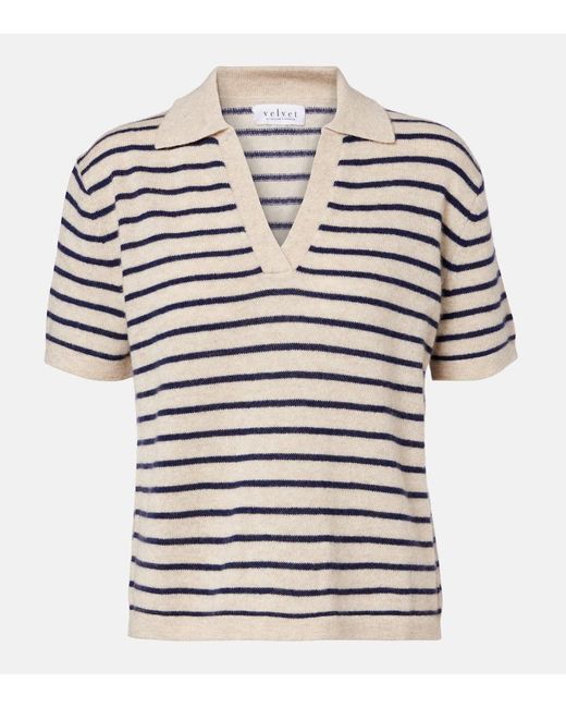 Velvet White Striped Cashmere Polo Sweater