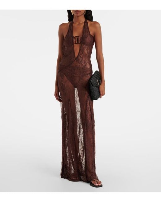 Adriana Degreas Purple Open-Back Sheer Lace Maxi Dress