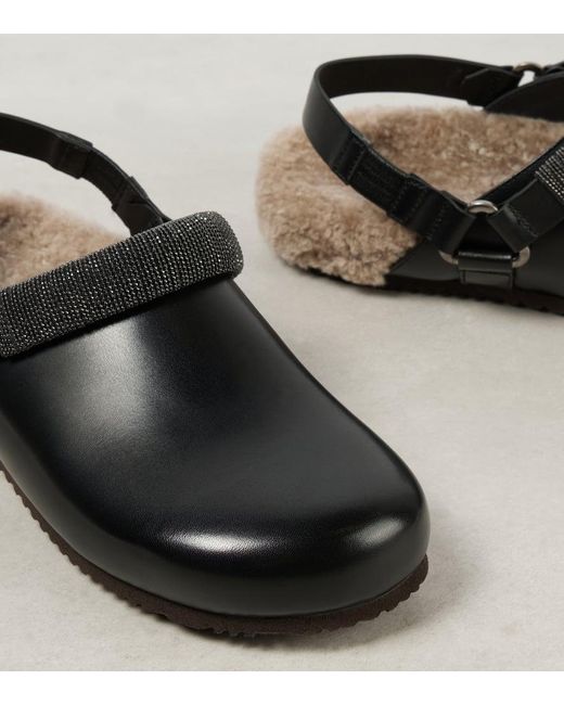 Brunello Cucinelli Black Verzierte Slippers Aus Leder Mit Shearling