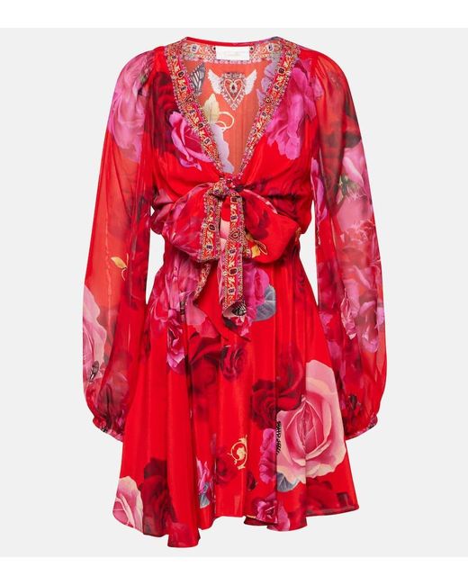 Vestido corto de seda floral adornado Camilla de color Red