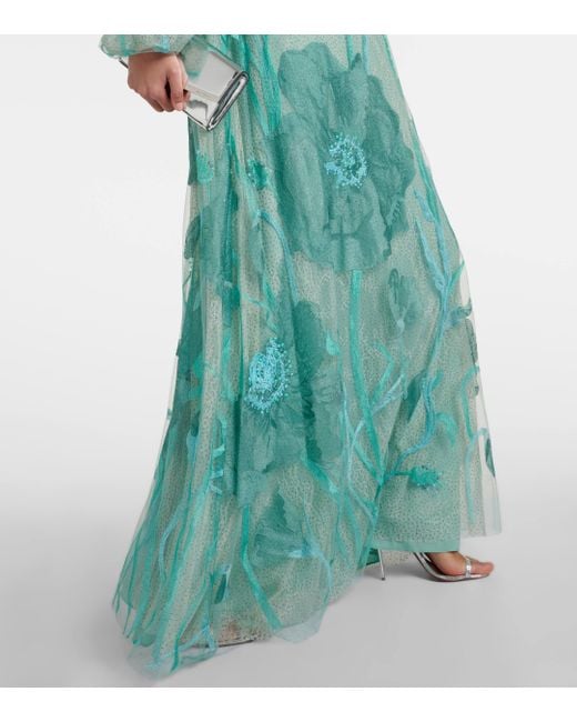 Costarellos Green Yesenia Embroidered Tulle Gown