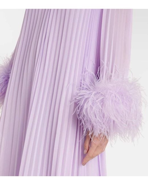 Self-Portrait Purple Feather-Trimmed Plisse Chiffon Midi Dress