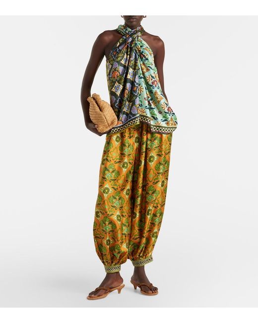 ALÉMAIS Green Cece Floral Silk Halterneck Top