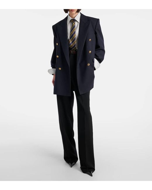 Saint Laurent Blue Double-Breasted Wool Chine Blazer