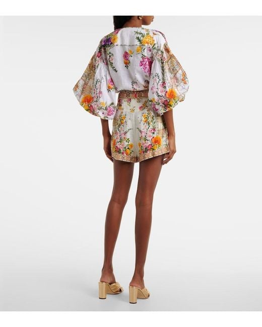 Camilla White Floral Tie-Front Linen Crop Top