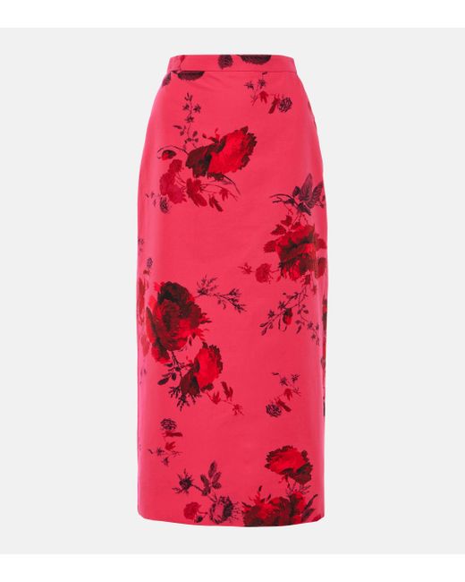 Erdem Red Floral Cotton Faille Pencil Skirt